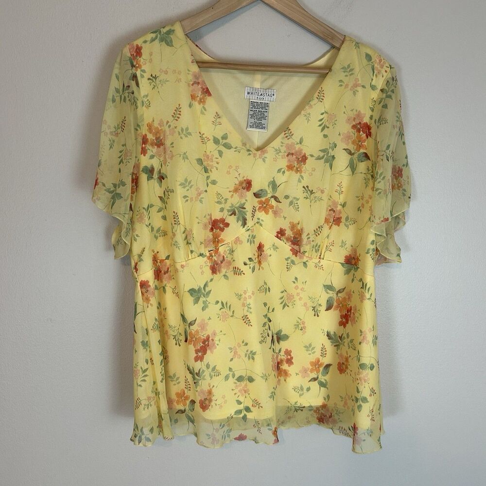 Vtg Y2K 1X Chiffon Butter Yellow Floral Tunic Top Blouse V-neck Cottagecore Boho
